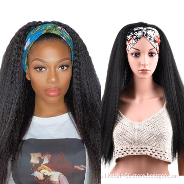 High Quality 24 Inch Chic Style Kinky Straight Hair Headband Wig With Pre-attached Scarf Synthetic Yaki Straight Headband Wigs